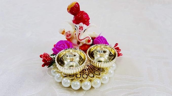 Diwali Puja/Roli Chawal/Ganesha roli Platter/Metal and Resin Roli chawal Plate/Diwali Gift/Home Decorations/pujan/bhai dooj/rakshabandhan/Diwali/Navratri/Puja/Pink/ 1 Piece