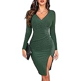 oten Women's Sparkly Deep V Neck Long Sleeve Ruched Bodycon Slit Cocktail Party Club Night Out Slim Fit Glitter Dresses
