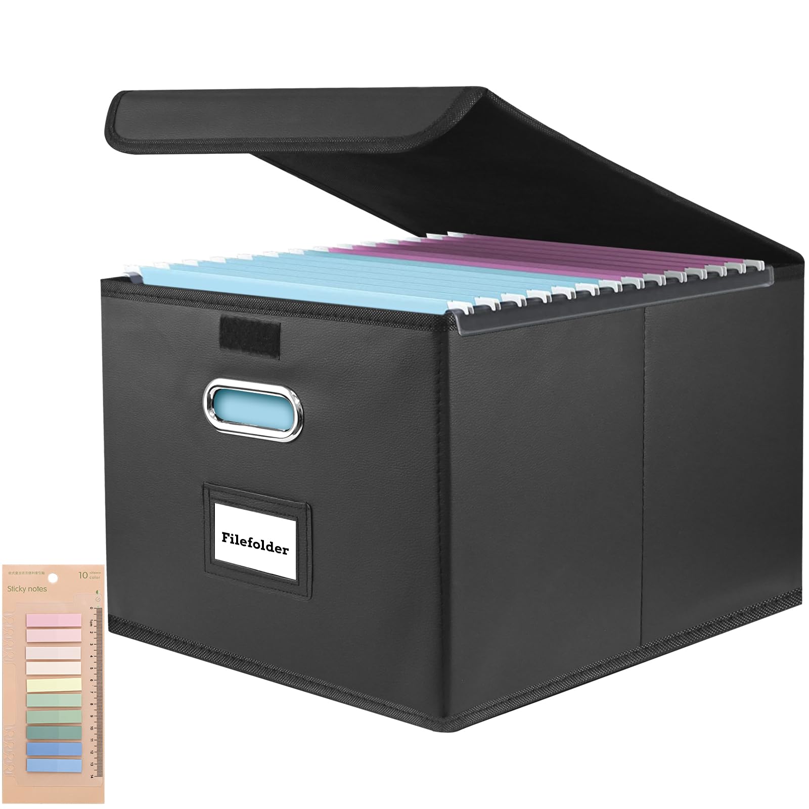 Upgraded Filing Boxes Portable Paperwork Organiser Large Capacity Multifunctional File Organiser with Lid Foldable Leather Hanging Filing Box with Plastic Slide for Home Storage Office Filing - Black