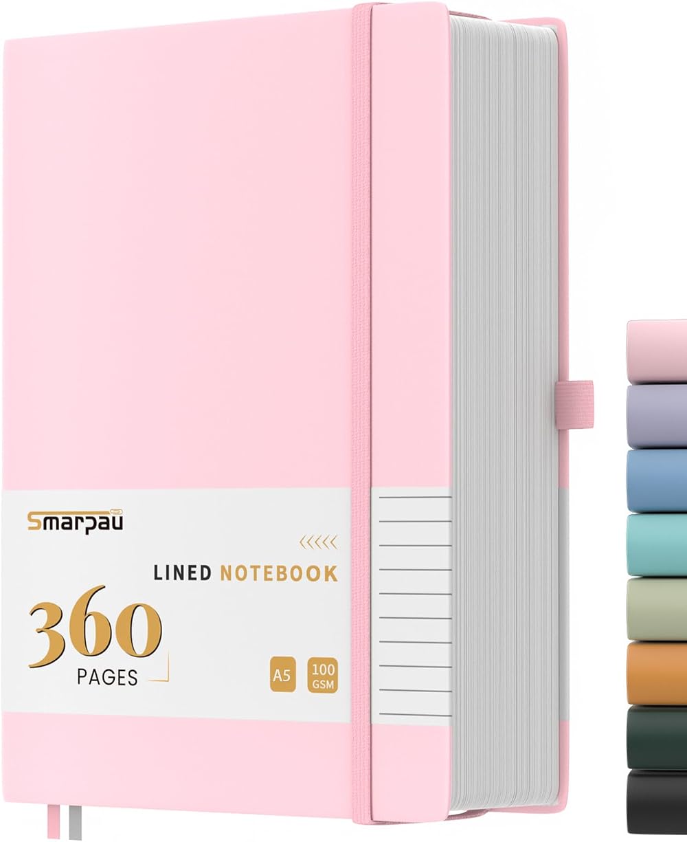 Smarpau 360 Pages A5 Leather Notebook Pink 100gsm with 2 ribbons 180° lay-flat