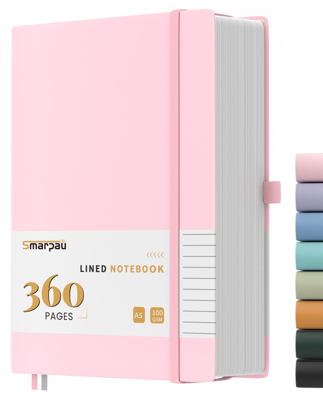 Smarpau 360 Pages Notebook A5 - Leather Lined Journal Notebook with 100gsm Thick Paper, College Ruled Journals for Women Men Writing School Office, 14.5 x 21cm - Pink