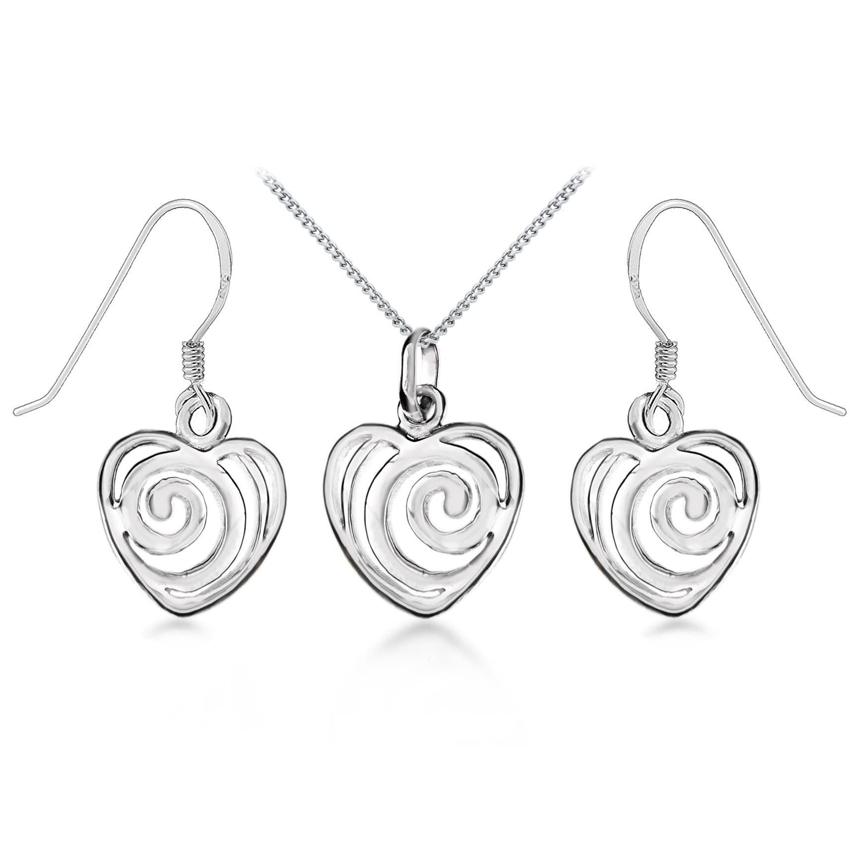 Tuscany Silver Women's Sterling Silver Set of Swirl Heart Earrings and Pendant on Curb Chain of 46cm/18"