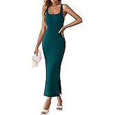ZESICA Womens 2026 Summer Casual Square Neck Bodycon Midi Dresses Spring Sleeveless Side Slit Knit Beach Vacation Long Dress