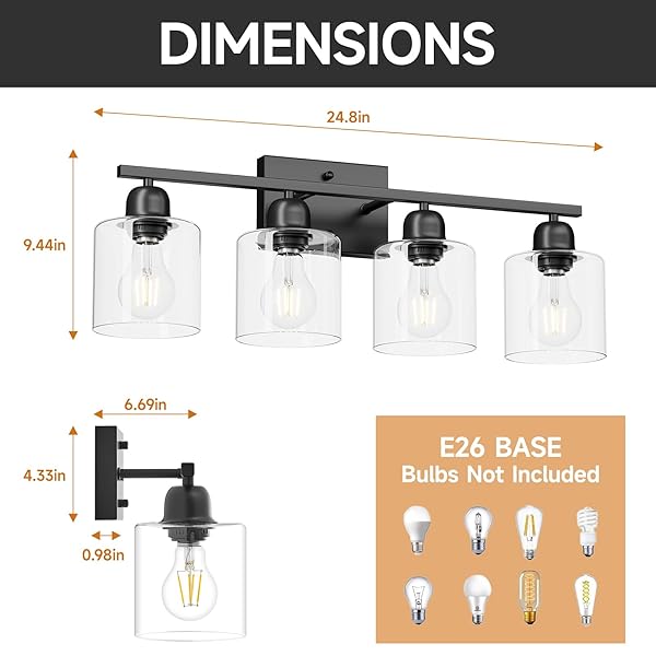 FAISHILAN MODERN 4 LIGHT BATHROOM LIGHT FIXTURES, 24 INCH BLACK VANITY LIGHTS FOR BATHROOM WITH CLEAR GLASS, BATHROOM VANITY LIGHT FOR MIRROR KITCHEN LIVING ROOM HALLWAY CABINET PORCH