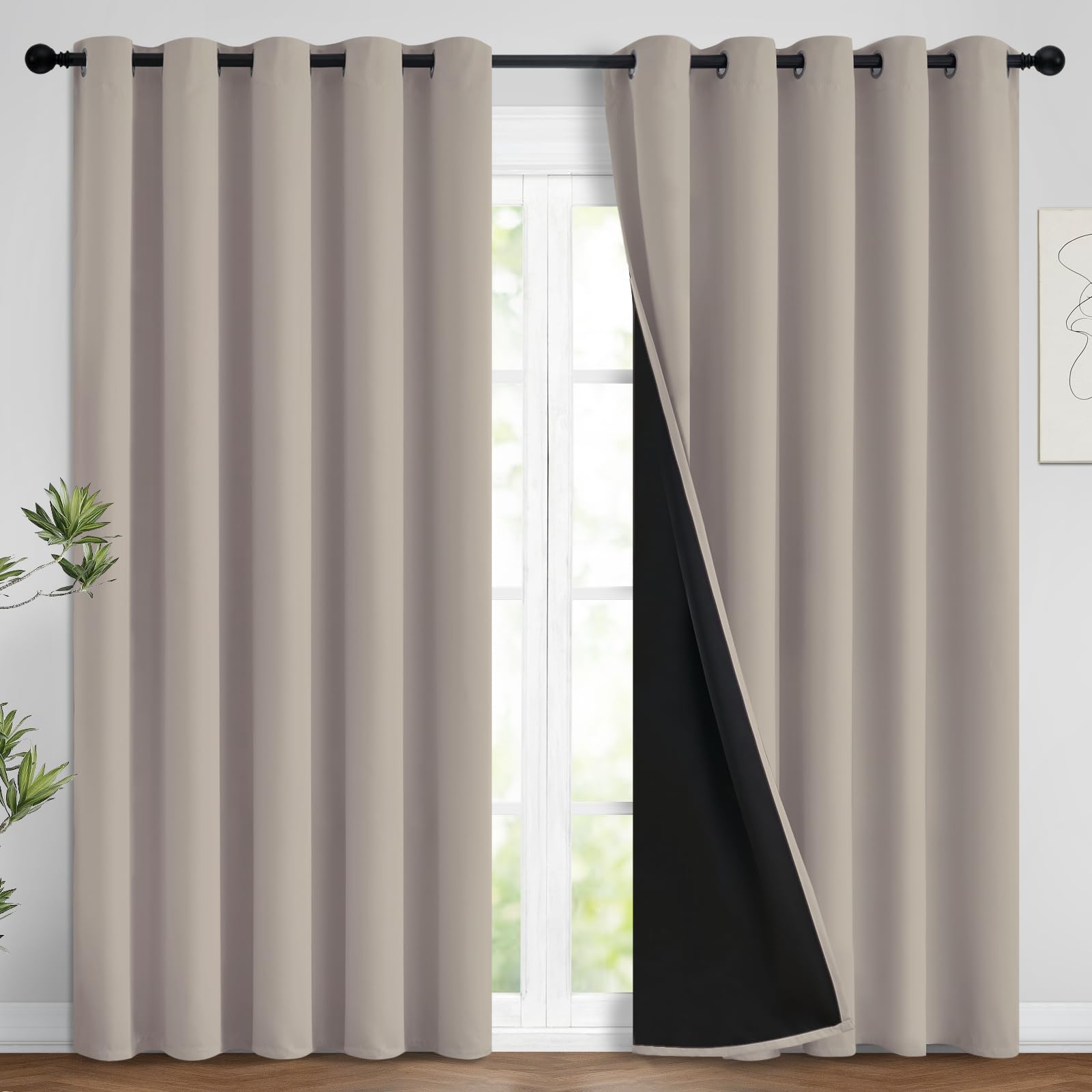 Photo 1 of Yakamok 100% Blackout Curtains 84 Inches Long, 2 Thick Layers Heat and Full Light Blocking Soft Thermal Insulated Drapes for Bedroom(62" Wide Each Panel, Natural, 2 Panels)