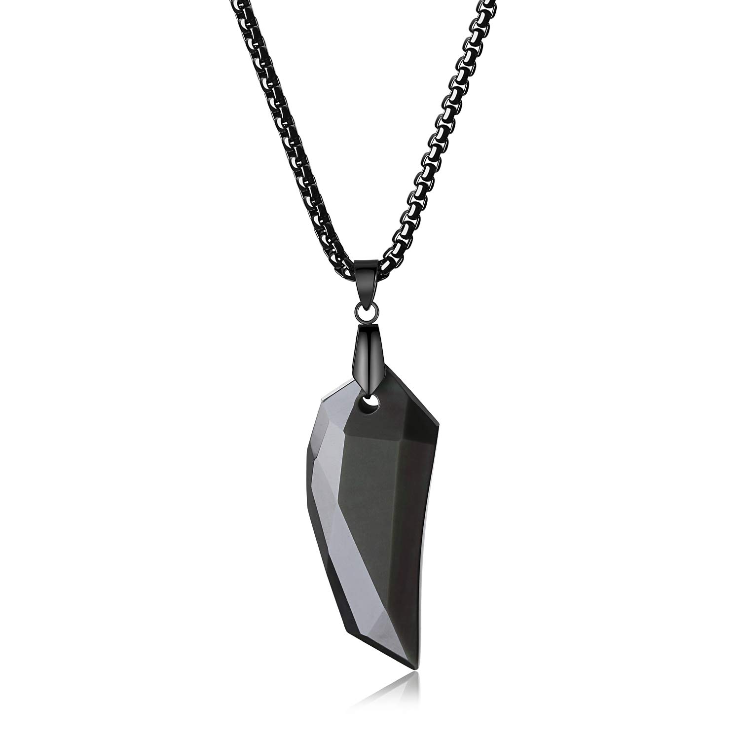 COAI Men's Black Stone Viking Wolf Tooth Necklace, Faceted Black Obsidian Pendant, Stainless Steel Box Chain, 24" (60cm), Classic, Casual — image 1