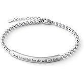 JOUVA Silver Beaded Bible Verse Bracelet for Women &ndash; &ldquo;God Is Within Her She Will Not Fall&rdquo; Psalms 46:5 Engraved Bar Bracelet, Silver-Plated Brass, Stretch Fit Inspirational Christian Christmas Jewelry Gift