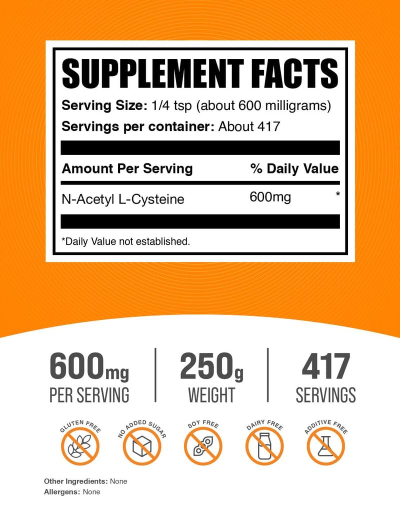 BulkSupplements.com NAC Powder - N-Acetyl Cysteine 600mg, NAC Supplement - Antioxidant Support, Gluten Free - 600mg per Serving, 417 Servings, 250g (8.8 oz) (Pack of 1)
