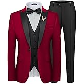 MAGE MALE Mens Velvet Suits Slim Fit Peak Lapel Tuxedo 3 Piece One Button Prom Party Banquet Blazer Vest Pants Set