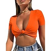 Mizoci Women's Sexy Knot Front Crop Top Deep V Neck Short Sleeve Basic Casual T Shirt