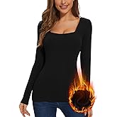 WOWENY Women Thermal Long Sleeve Shirt Fleece Lined Basic Fitted Tops Lace V Neck Undershirts Winter Tight Base Layer