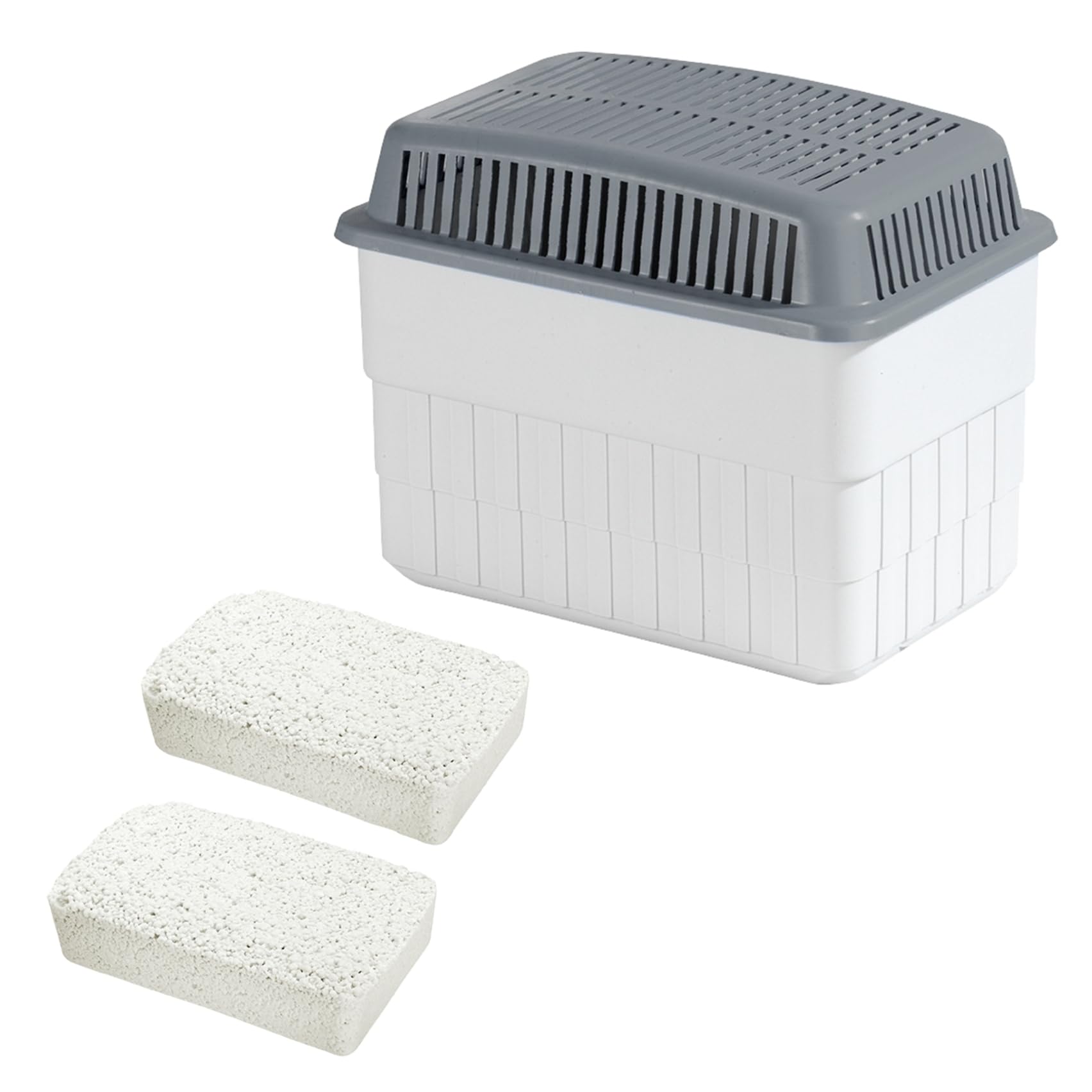 Moisture Killer with 2 x 1kg Granules Block, Dehumidifier, Holds up to 1.4 Litres of Moisture, Laboratory Tested, Refillable, Reduces Mould & Odours, 24 x 16 x 15 cm, White/Grey