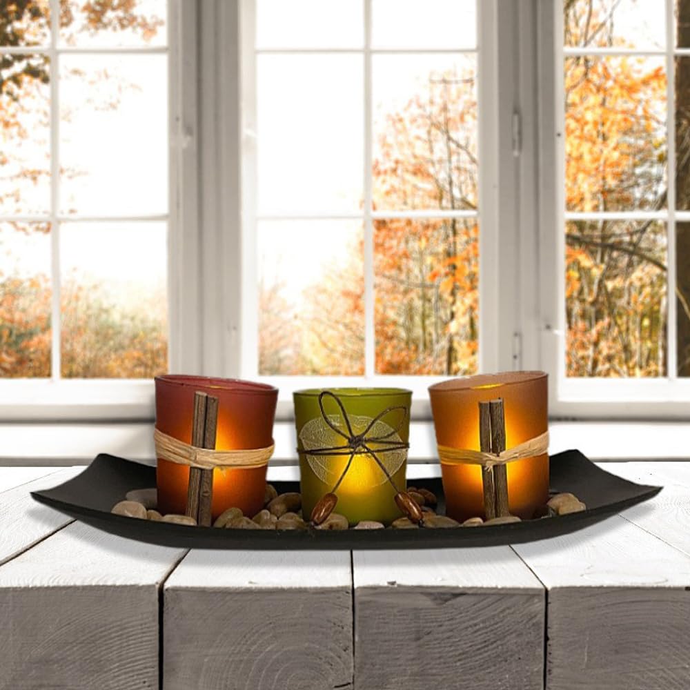 Hosoncovy Tea Light Candle Holder Set of 3 ，Glass Tealight Candle Cups with Tray and Decorative Pebbles for Weddings, Party and Home Decor
