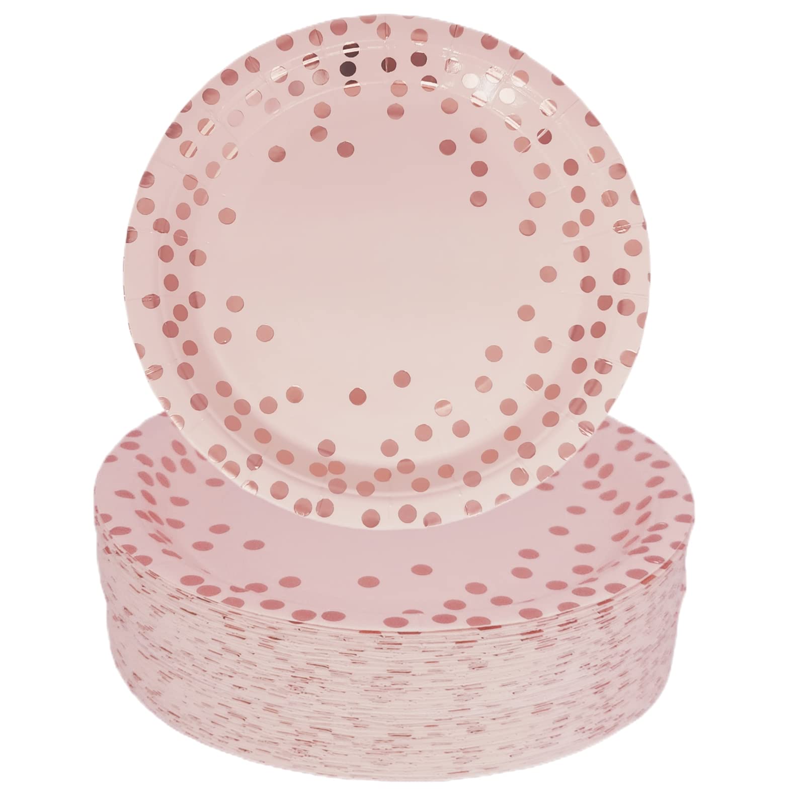 CEILIWEN Pink Paper Plates, 7'' Rose Gold Polka Dot Disposable Party Tableware, Pack of 50