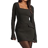 Simplee Womens Long Sleeve Mini Dresses Square Neck Casual Bodycon Party Club Formal Blazer Holiday Fall Short Dress