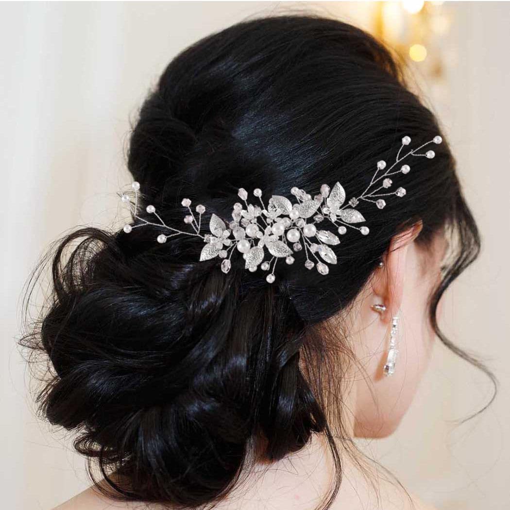 Handcess Leaves Bride Wedding Headband Silver Pearls Crystal Headpieces Rhinestone Bridal Hair Accessories for Bride and Bridesmaids