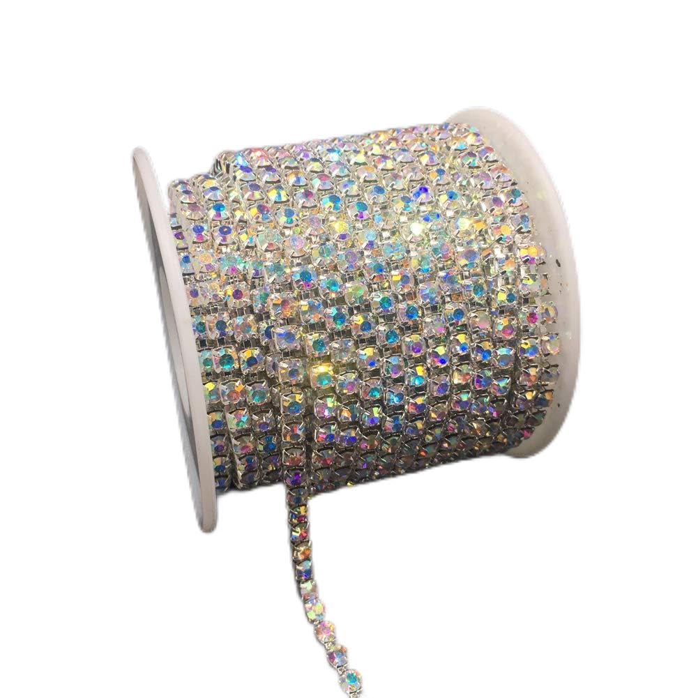 Dowarm 1 Roll 10 Yards Rhinestone Chain, Crystal Rhinestones Close Chain, Sew on Crystal Rhinstone Chain Trim, Crystal Claw Cup Chain Roll (Crystal AB, SS12 3MM)