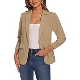 LADI TREND Women's Casual Single Button Front Blazer Ruched 3/4 Sleeve Notched Lapel Office Lightweight Blazers with Pockets