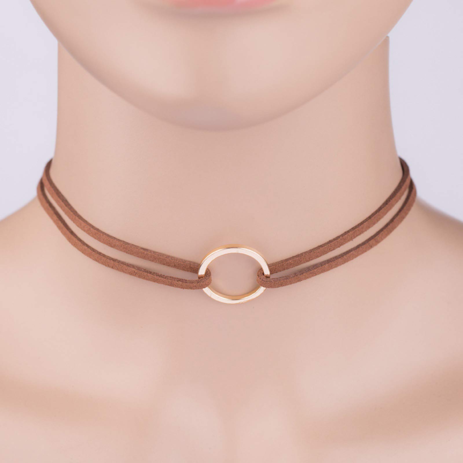TseenYi Leather Necklace Choker Short Layering Suede Necklaces Chain Boho Layered Circle Necklace Jewelry for women and Girls (Brown cord with gold circle)