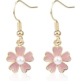 Mikovivi Flower Pearl Dangle Earrings, Gold Pink White, Sakura Cherry Blossom Design, Boho Dangle Hanging Earrings, Wedding & Birthday Gifts