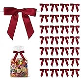 50 Pack Satin Twist Tie Bows for Gift Bags & Party Favors, 2.5 Inch Pre-Tied Ribbon Bows for Gift Wrapping, Birthday & Wedding Event Decorations - Burgundy
