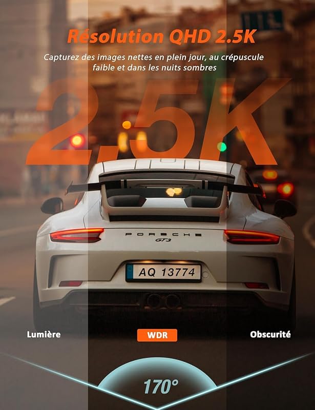 2.5K Dashcam Voiture, Camera Voiture 1440P WiFi, Mini Dash Cam Avant avec App Contrôle, Vision Nocturne, WDR, Capteur G, Enregistrement en Boucle, Mode Parking 24H