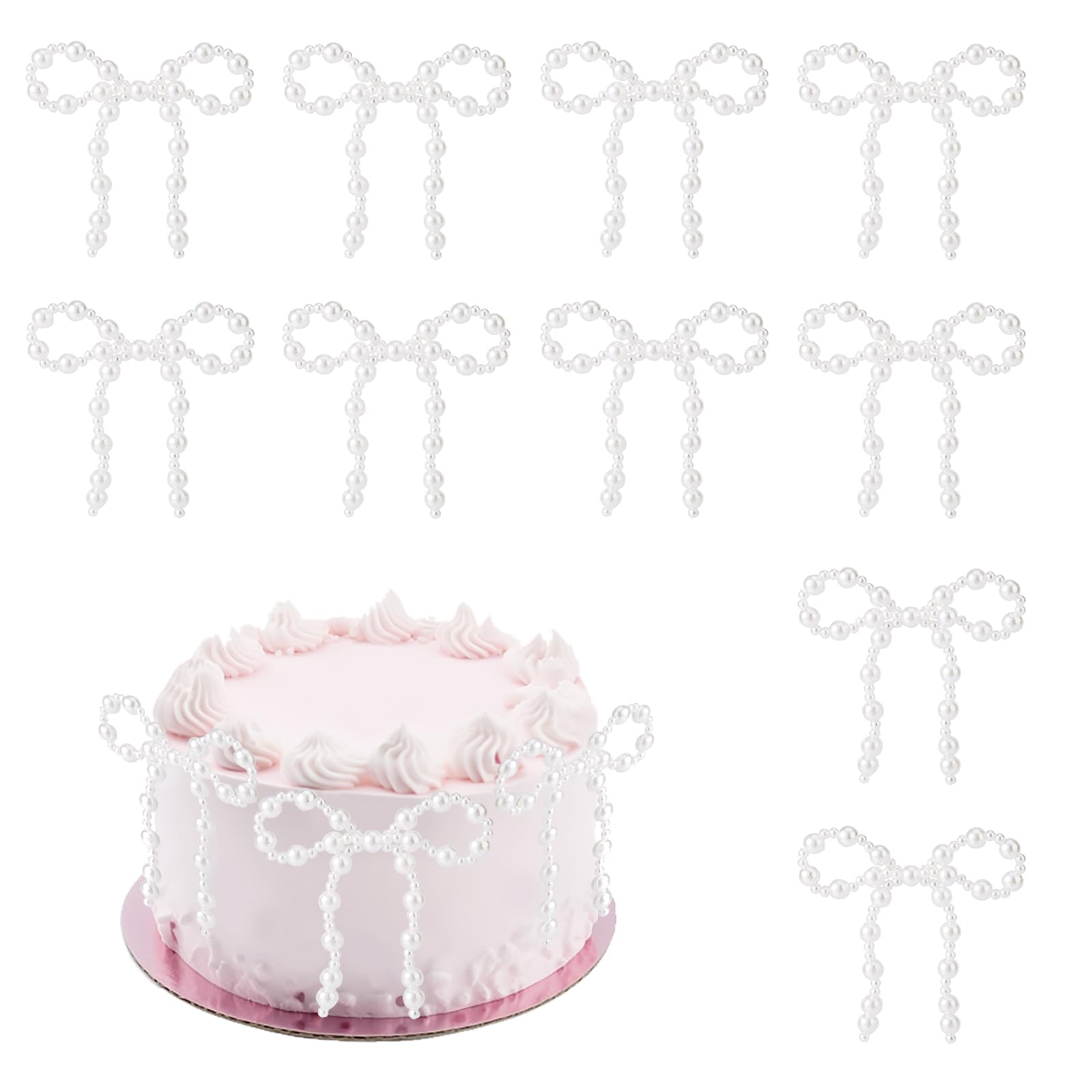 Photo 1 of 10pcs Pearl Bow Cake Decorations, 3.35x3.35 Inch Party Coquette Decor Artificial Pearls Elegant White Bow Theme Cupcake Toppers for Wedding Birthday Party Floral Bouquet Wrapping