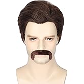 Topcosplay Men Brown Wig with Mustache Man 70s 80s Costume Party Funny Wigs