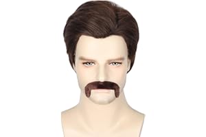 Topcosplay Men Brown Wig with Mustache Man 70s 80s Costume Party Funny Wigs