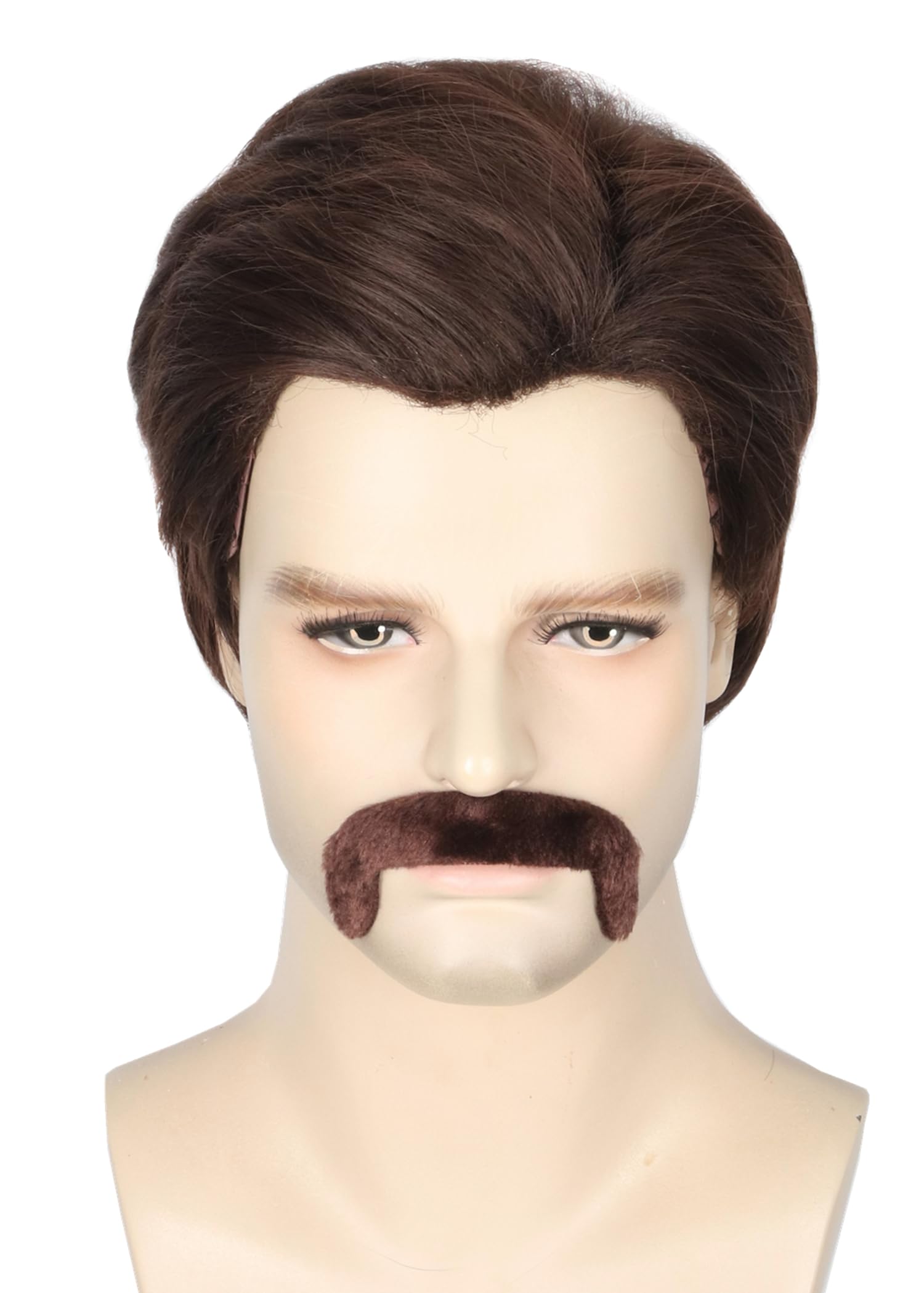 Photo 1 of Topcosplay Men Brown Wig with Mustache Man 70s 80s Costume Party Funny Wigs