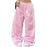 GORGLITTER Women's Letter Print Baggy Athletic Pants Elastic Waist Wide Leg Paratuate Pants
