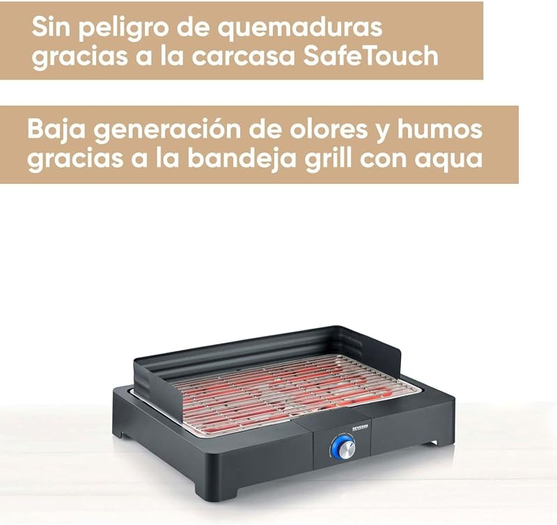 Churrasqueira de mesa severin com grelha em aço inox para uso interno e externo, churrasqueira elétrica com início rápido, mini churrasqueira sem risco de queimaduras, preta, pg 8565