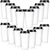 Domensi 15 Pack Reusable Coffee Cups with Lids 16 oz Disposable Travel Cups Bulk Plastic to Go Coffee Tumblers for DIY Hot Cold Drink Party Favors Coworker, Microwaveable (White with Black Lid)