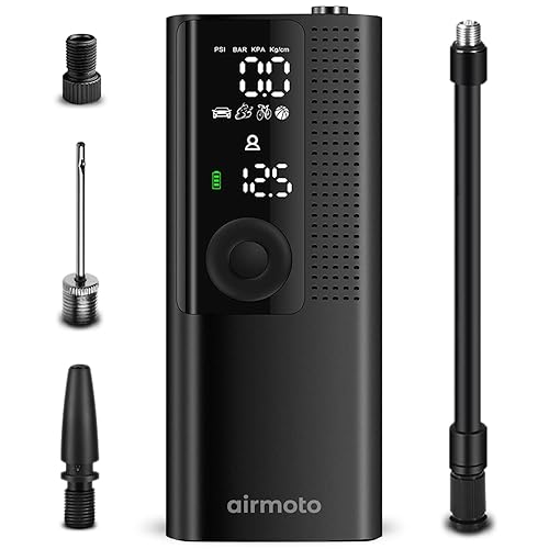 Airmoto Tire Inflator Portable Air Compressor - Air Pump for Car Tires with Digital Pressure Gauge, LED Light and Auto Shut-Off Function - Cordless Pump for Car, Motorcycle, Bicycle, Ball