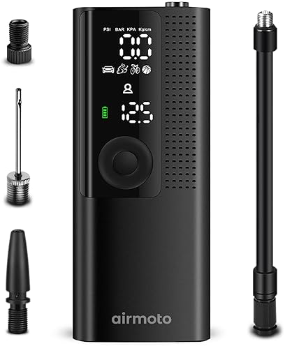 Automotive - Airmoto Tire Inflator Portable Air Compressor - Air Pump for Car Tires with Digital Pressure Gauge, LED Light and Auto Shut-Off Function - Cordless Pump for Car, Motorcycle, Bicycle, Ball