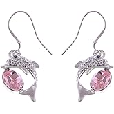 Alilang Silver Tone Clear Pink Crystal Dolphin Fish Hook Dangle Earrings