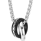 Men’s Steel Interlocking Rings Pendant Necklace, Black and Silver Double Ring on Box Chain Jewelry