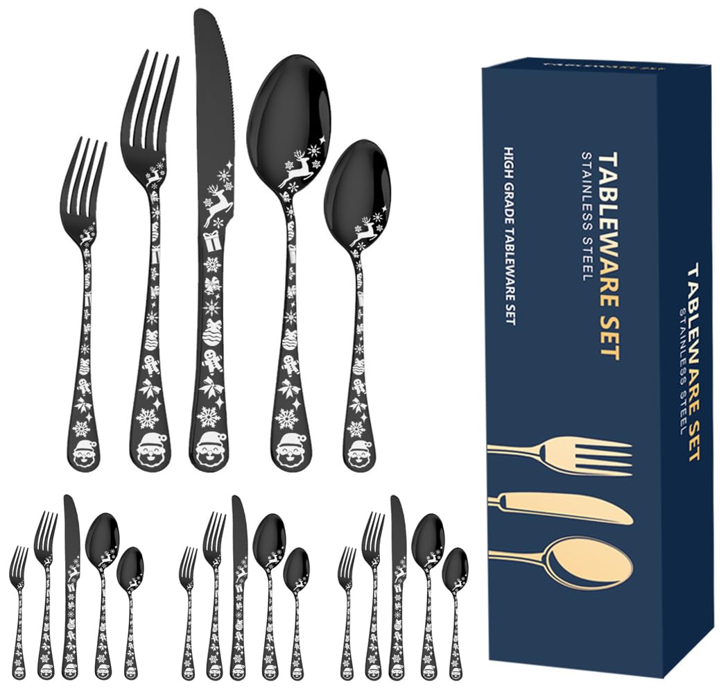 XIAOYU 20 Pieces Christmas Silverware Set, Black Flatware Set Service for 4, Stainless Steel Cutlery Tableware, Unique Snowflakes Santa Claus Elk Pattern Design, Dishwasher Safe, Black