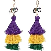 Colorful Glitter Mardi Gras Dangle Earrings for Women Purple Yellow Green Tassel Earrings Mask Crown Feather Hoop Earrings Carnival Parade Party Jewelry Gifts