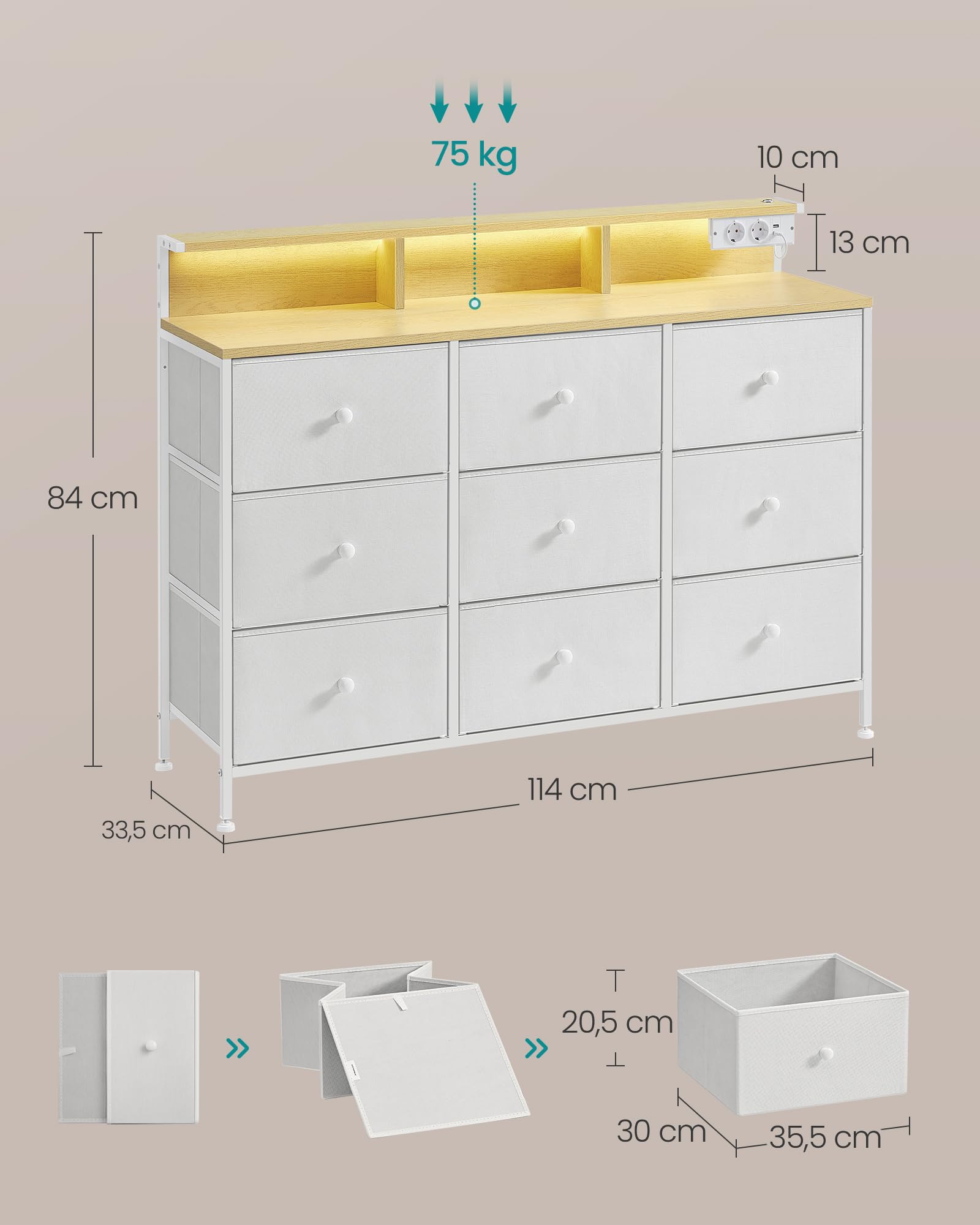 SONGMICS Kommode, Aufbewahrungsschrank mit 9 Schubladen und LED-Beleuchtung, Steckdosenleiste, Stahlrahmen, 33,5 x 114 x 84 cm, für Schlafzimmer, Wohnzimmer, wolkenweiß LTS519W02 6