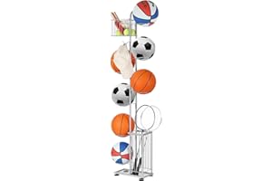LUPLOM Garage Ball Storage Sports Equipment Organizer 7 Tier Basketball Rack Display Stand with Baskets and Hooks Freestanding Indoor & Outdoor Ball Rack Organizer Holder for Volleyball Football, Silver