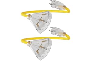 2Ft 2Pack 12 Gauge Outdoor Extension Cord with 3-Outlets, Heavy Duty 12/3 Extension Cord with Lighted end, 15A 12AWG 1875W SJ