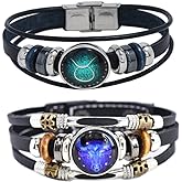 2Pcs Multilayer Constellation Zodiac Leather Bracelet Handmade Woven Zodiac Sign Wrap Bracelet Wristband for Women Men Jewelry Birthday Gift