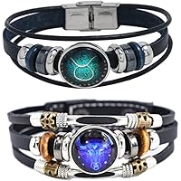 2Pcs Multilayer Constellation Zodiac Leather Bracelet Handmade Woven Zodiac Sign Wrap Bracelet Wristband for Women Men Jewelr