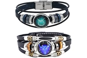 HEWILL 2Pcs Multilayer Constellation Zodiac Leather Bracelet Handmade Woven Zodiac Sign Wrap Bracelet Wristband for Women Men Jewelry Birthday Gift