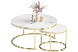 Our Modern Space Circular 27.5" & 17.75" Nesting Table with Metal Legs Set of 2 - Side Table for Living Room, Bedroom, Balcony, Apartment & Small Spaces - Nested Center Coffee End Table - White