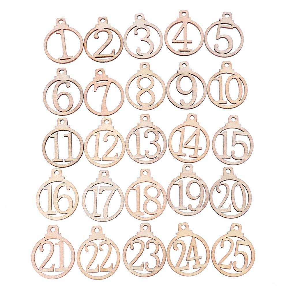 Topiky 1 to 25 Wooden Number with String for Christmas Advent Calendar Countdown, Wooden Calendar for Christmas, Wooden Number Pendants for DIY Craft Gift Tags Decorations (Assorted