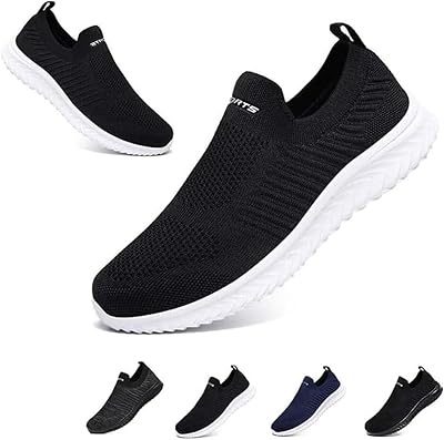 Hanani Mens Womens Slip On Trainers Breathable Lightweight Shoes Black White