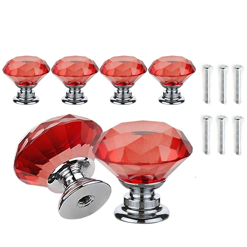 ANSIEDIO Red Crystal Drawer Knobs - 6 PCS 30MM Glass Drawer Handles Crystal Cupboard Knobs Diamond Pulls with Screws for Kitchen Office Chest Cabinet Drawer