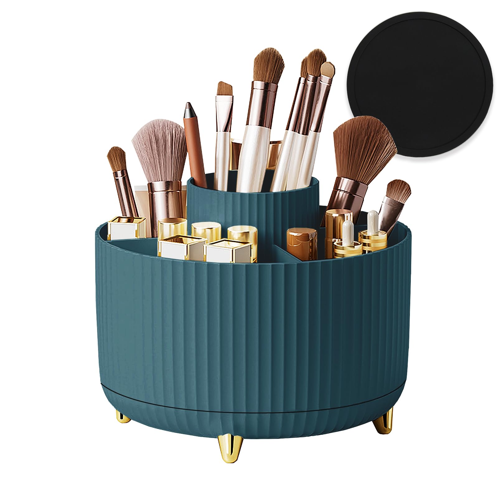 Top-spring 360° Rotating Makeup Organiser, Spinning Makeup Brush Holder with Anti-slip Mat, Make Up Storage 5 Compartments for Skincare Perfumes Cosmetics Bathroom Bedroom Stationery Storage (Green)